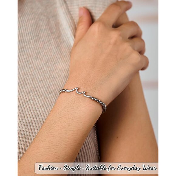 Women Stainless Steel Wave Friendship Bracelet for Best Friend BFF Gift 8in - Picture 2 of 9